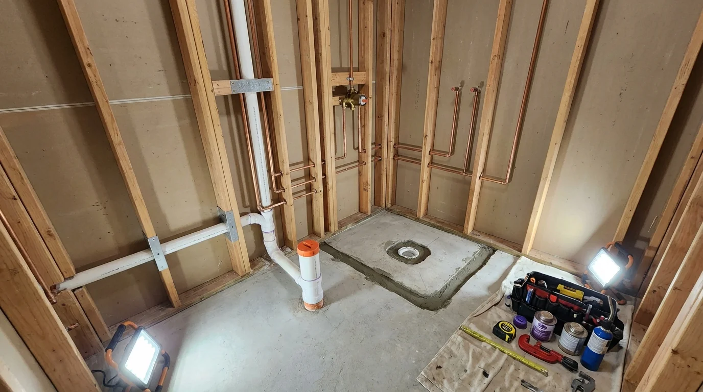Bathroom rough-in plumbing during remodel by Johns Plumbing LLC in Fond du Lac