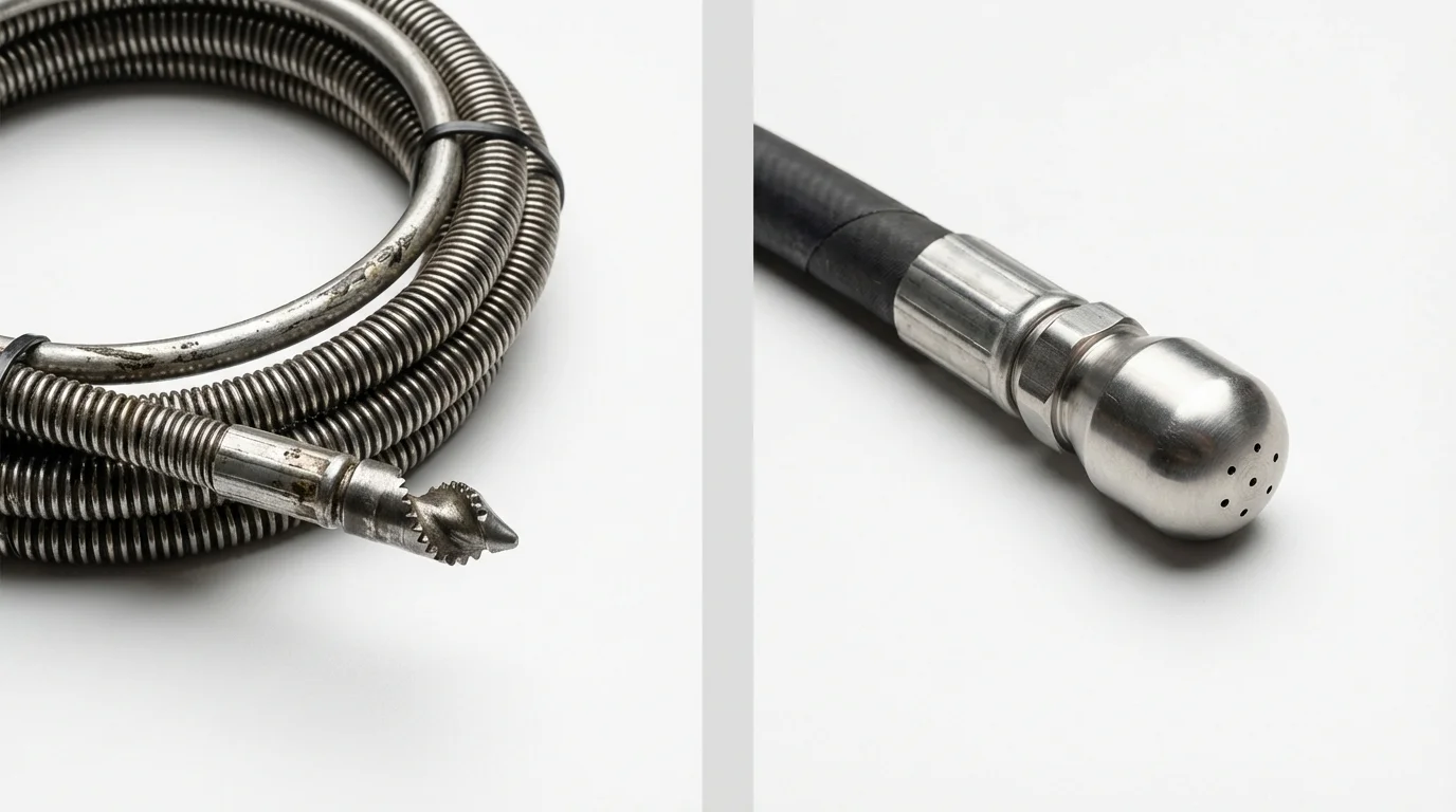 Drain snake cable and hydro jetting nozzle used for drain cleaning in Fond du Lac, WI