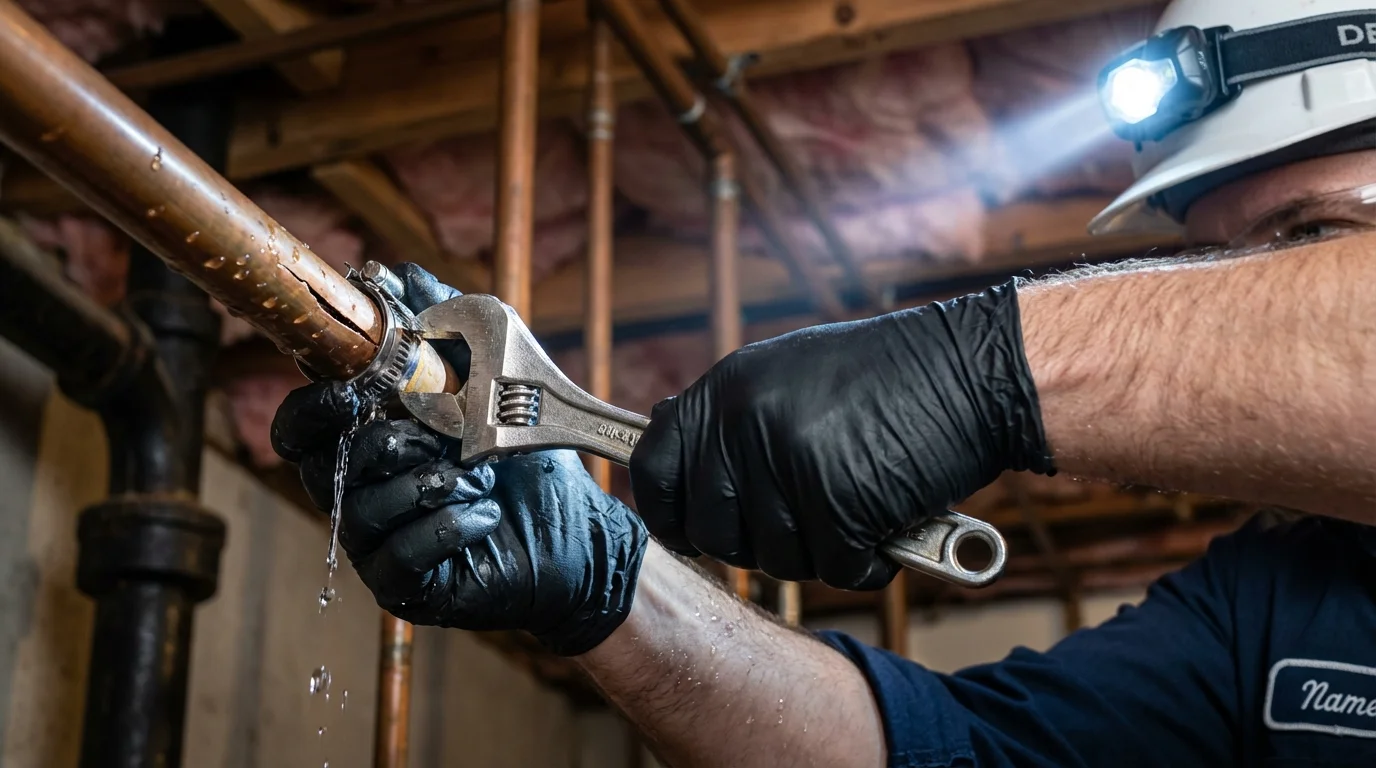 Emergency pipe clamp repair being performed by a Johns Plumbing LLC plumber in Fond du Lac