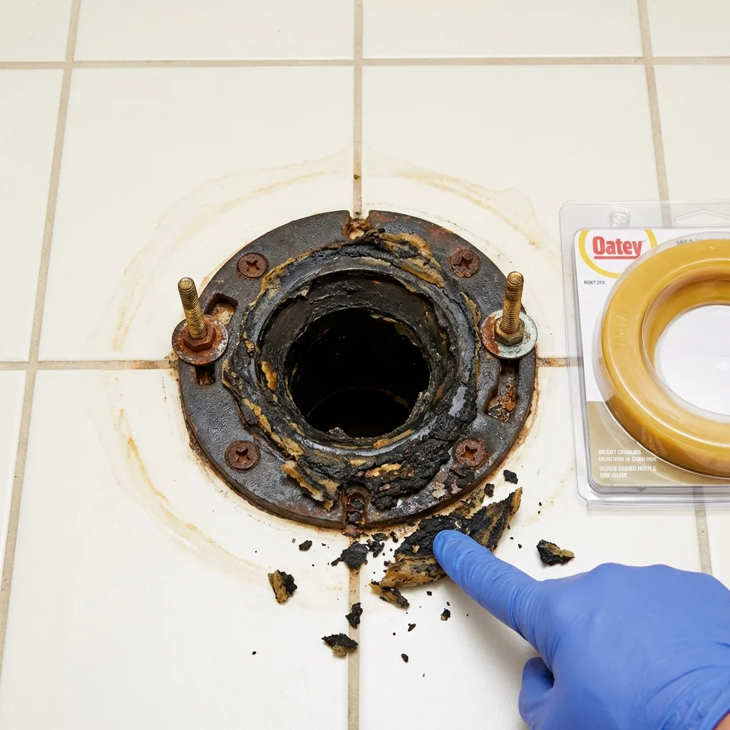 Failed wax ring showing water seepage at the base of a toilet in a Fond du Lac, WI home