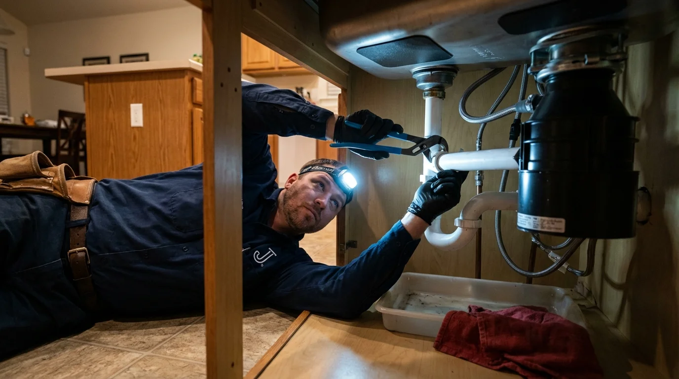 P-trap and supply line connections under a kitchen sink showing a common leak point in Fond du Lac, WI